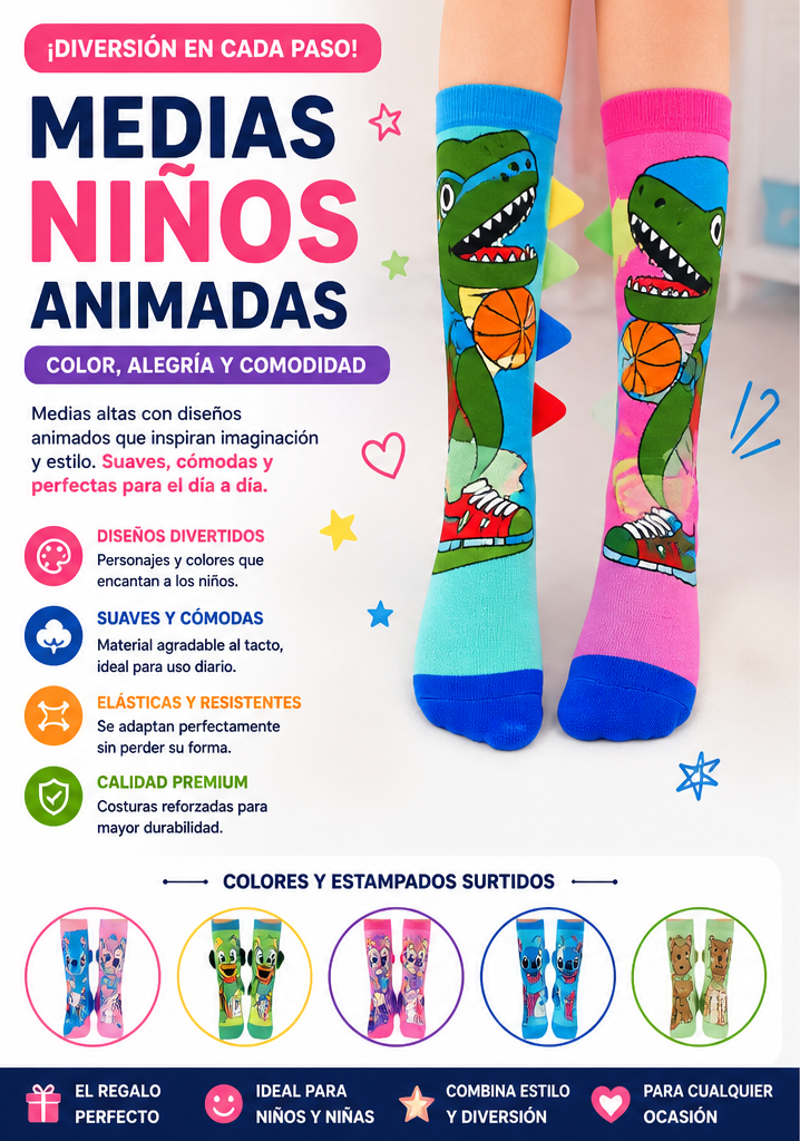 Medias Altas Animadas para Niños – Diseños Divertidos y Colores Surtidos