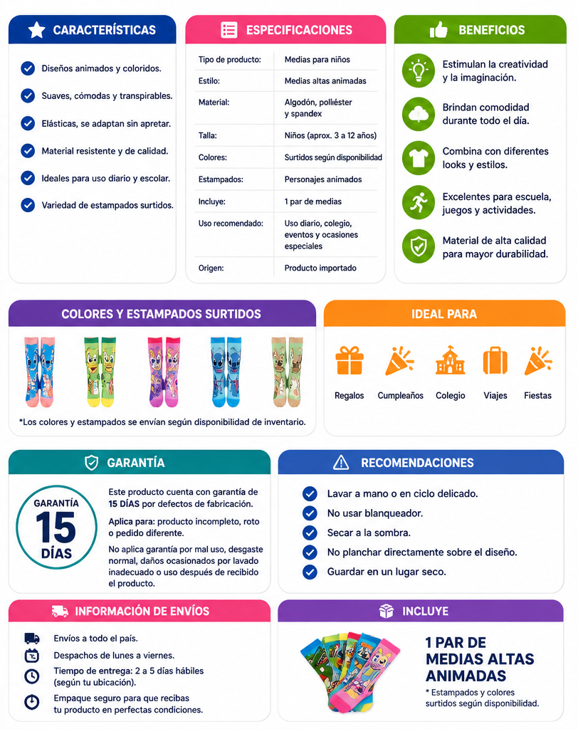 Medias Altas Animadas para Niños – Diseños Divertidos y Colores Surtidos