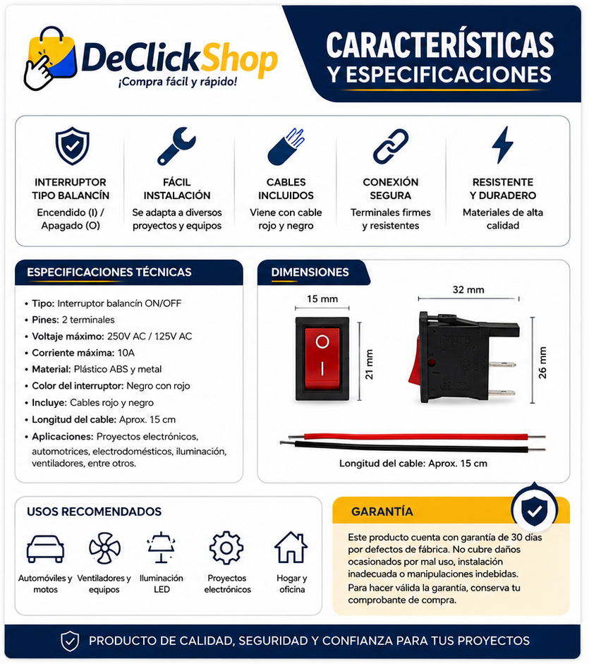 Interruptor de Balancín ON/OFF con Cable para Vehículos y Proyectos Eléctricos