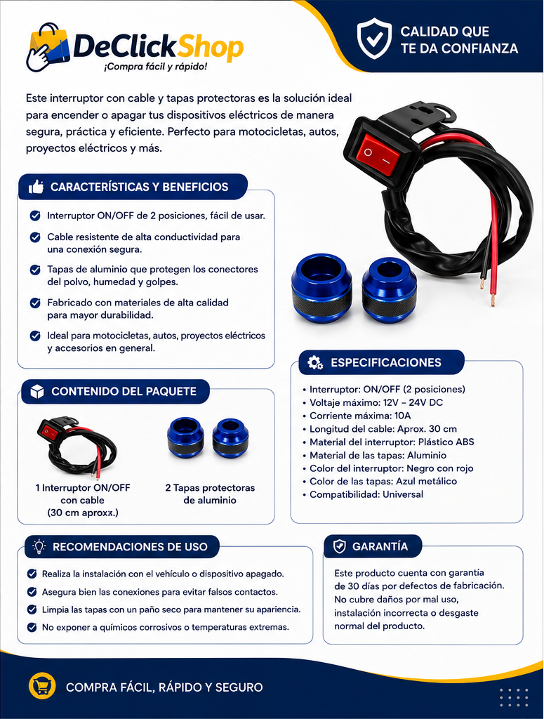 Interruptor Universal ON/OFF para Moto con Platina y Cable de 30 cm