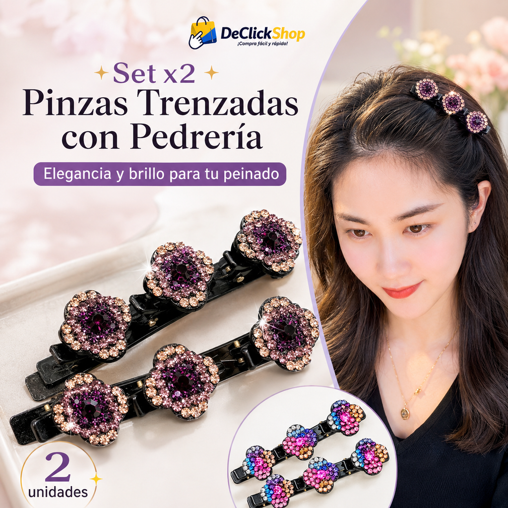 Set x2 Pinzas Trenzadas con Pedrería Brillante para Cabello