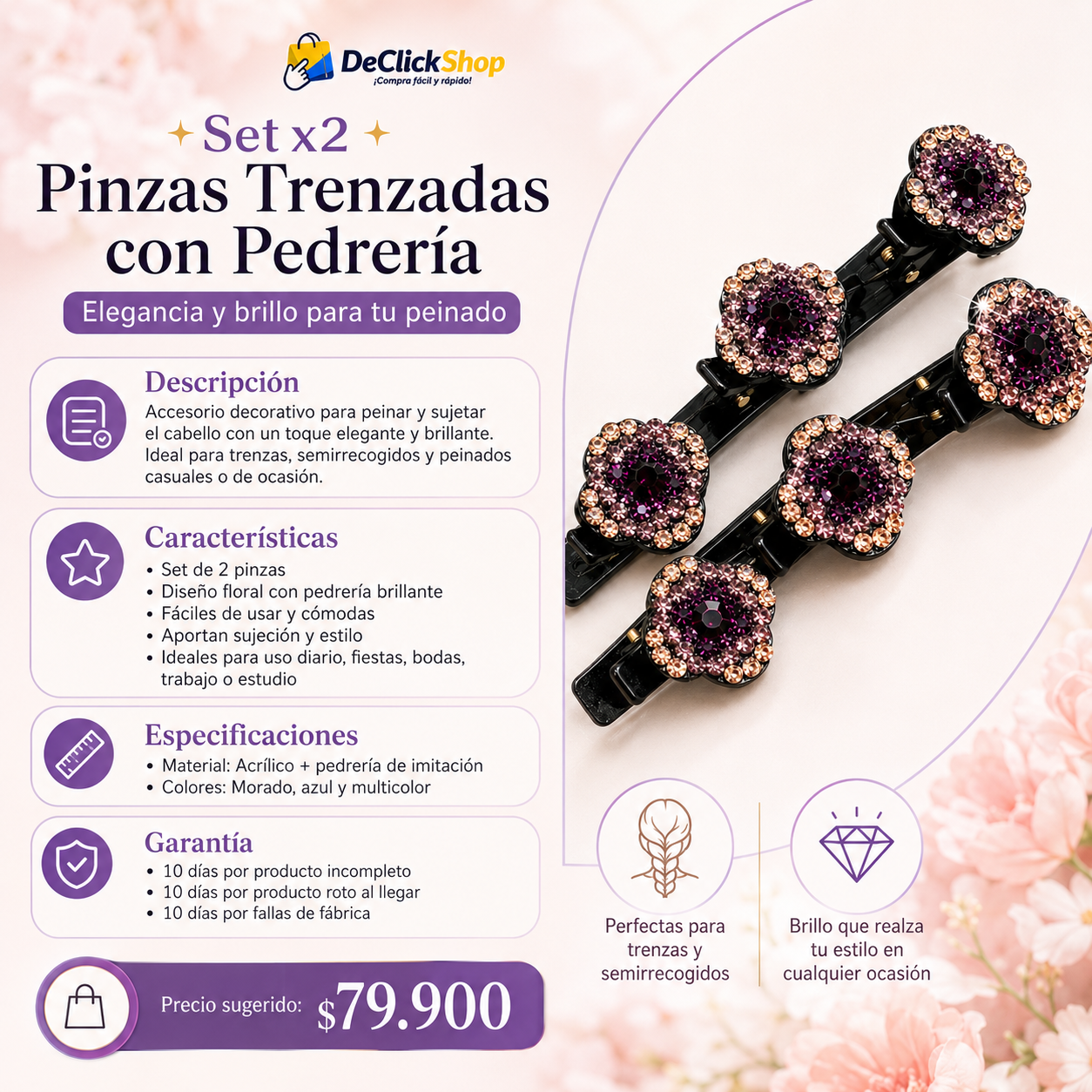 Set x2 Pinzas Trenzadas con Pedrería Brillante para Cabello