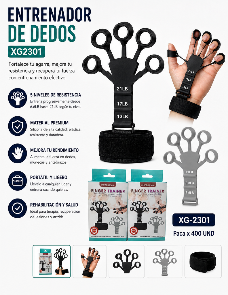 Entrenador de Dedos y Fortalecedor de Agarre XG2301 – 5 Niveles de Resistencia