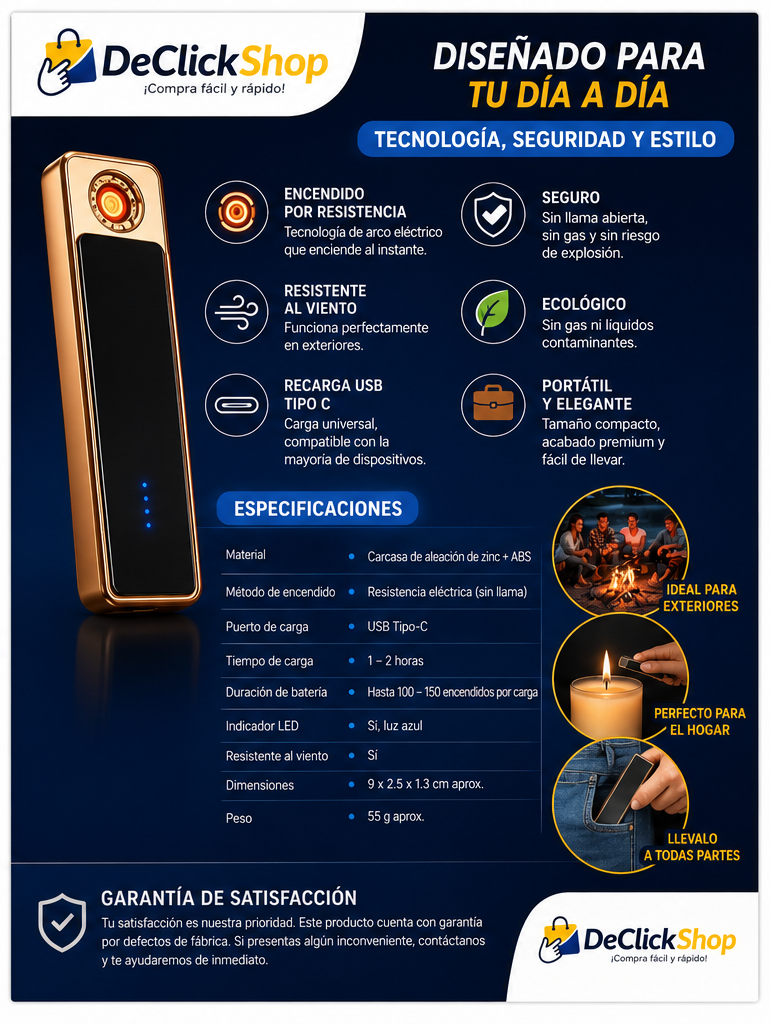 Encendedor Eléctrico Recargable Luminara USB Tipo C Sin Llama