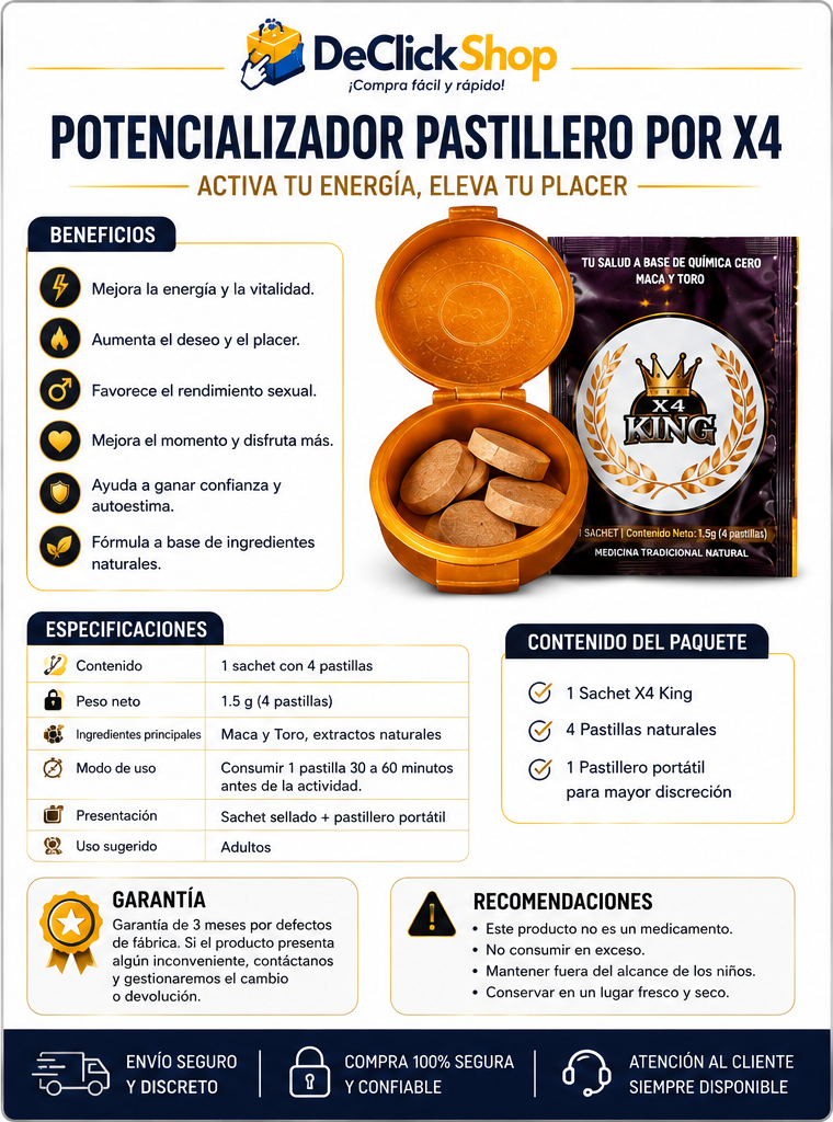 King VI x4 – Suplemento de Bienestar Íntimo para Adultos con Pastillero