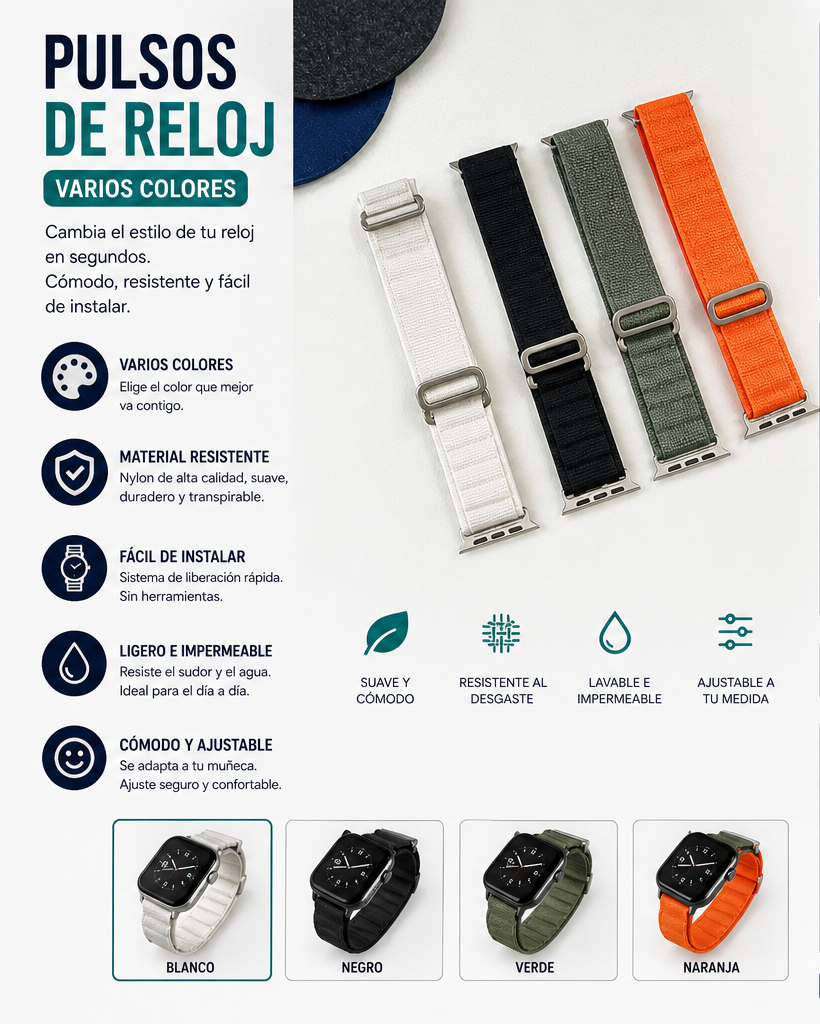 Pulso Ajustable para Reloj Inteligente – Correa Deportiva en Nylon Varios Colores
