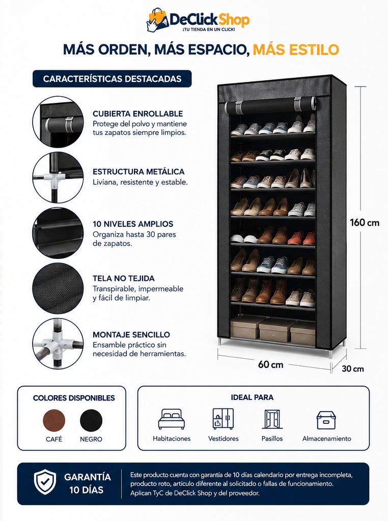 Zapatero Vertical Premium de 10 Niveles con Cubierta Protectora