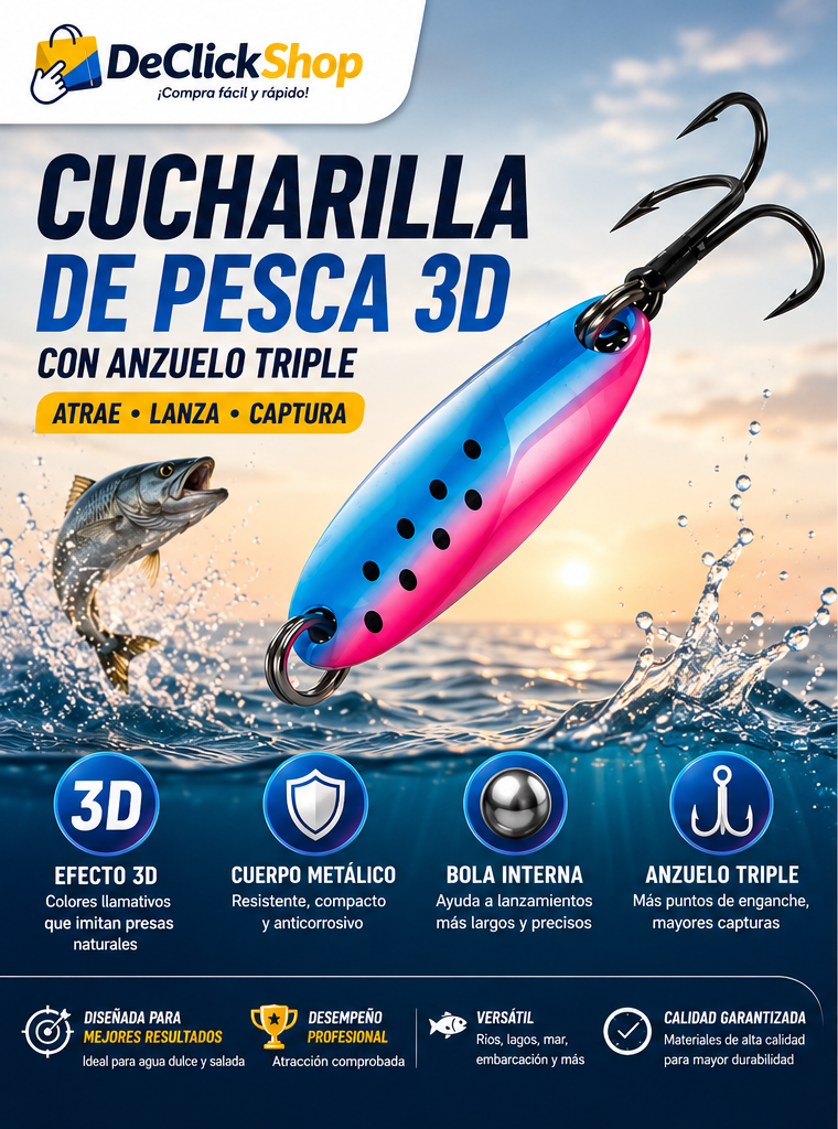 Cucharilla de Pesca 3D con Anzuelo Triple – Señuelo Metálico para Agua Dulce y Salada