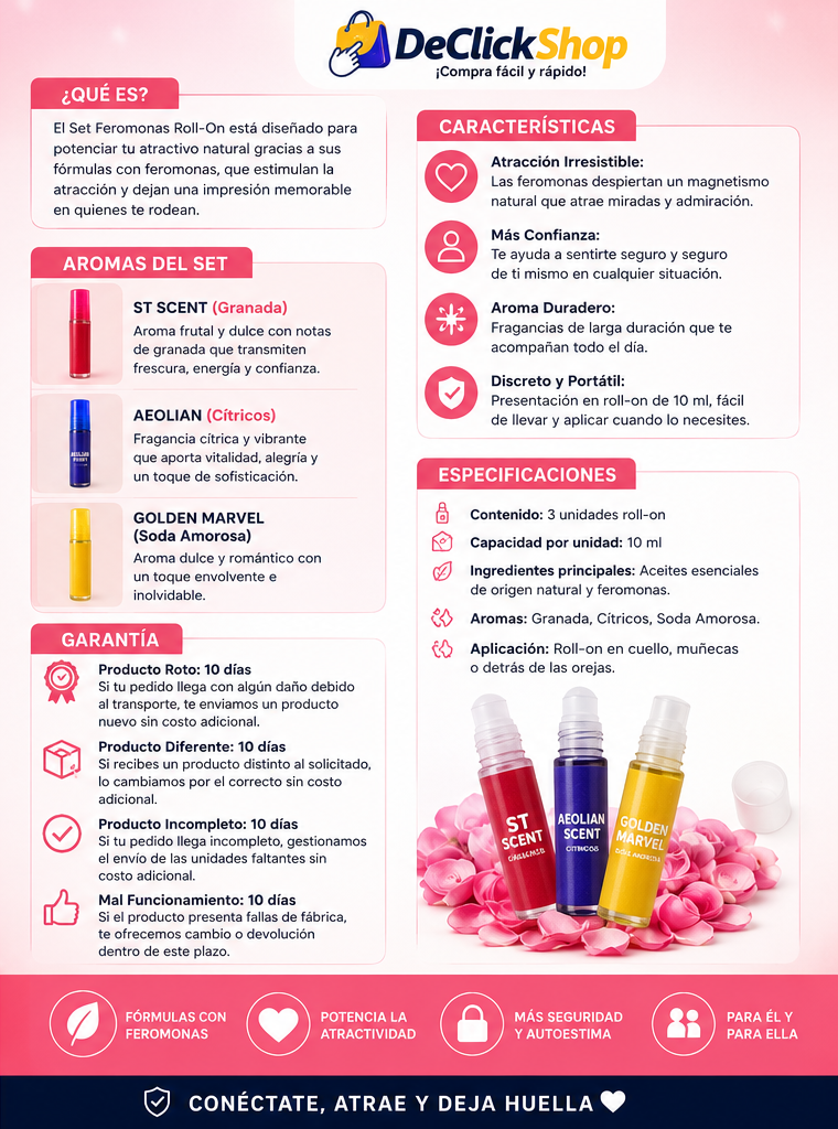 Set de Perfumes Roll-On con Feromonas x3 – Aromas Granada, Cítricos y Soda Amorosa