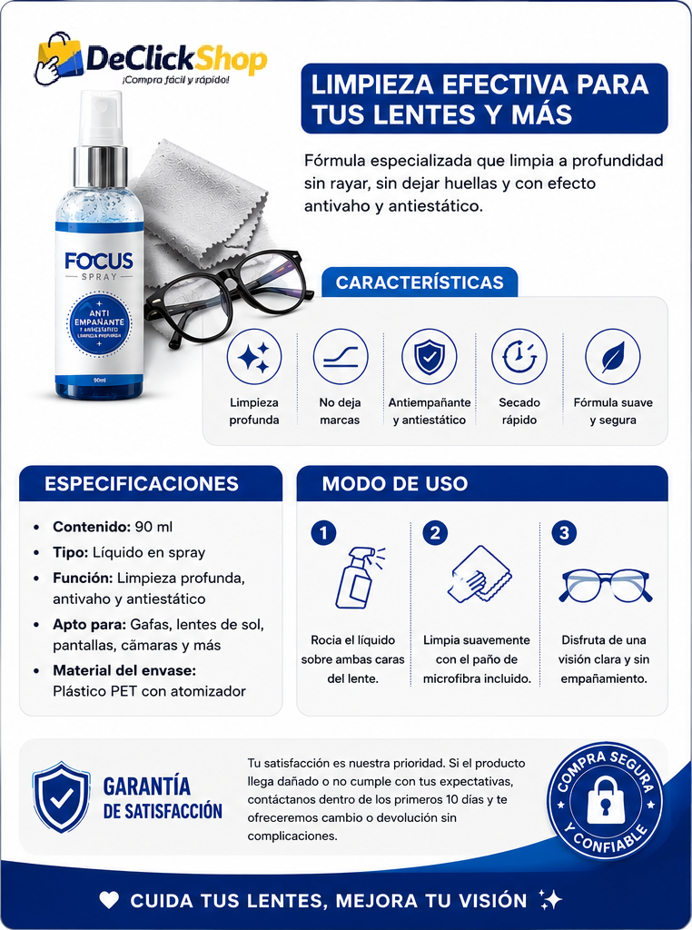 Spray Limpiador Antiempañante para Gafas Focus – 90 ml