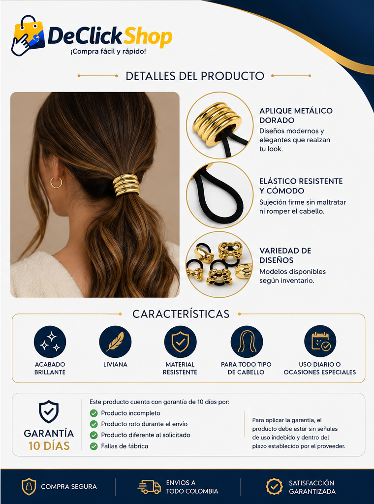Moña Elástica Pony Cuff Dorada para Cabello – Aplique Metálico Elegante