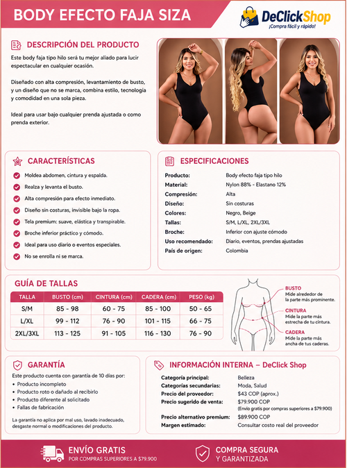 Body Efecto Faja Siza Tipo Hilo Seamless con Alta Compresión