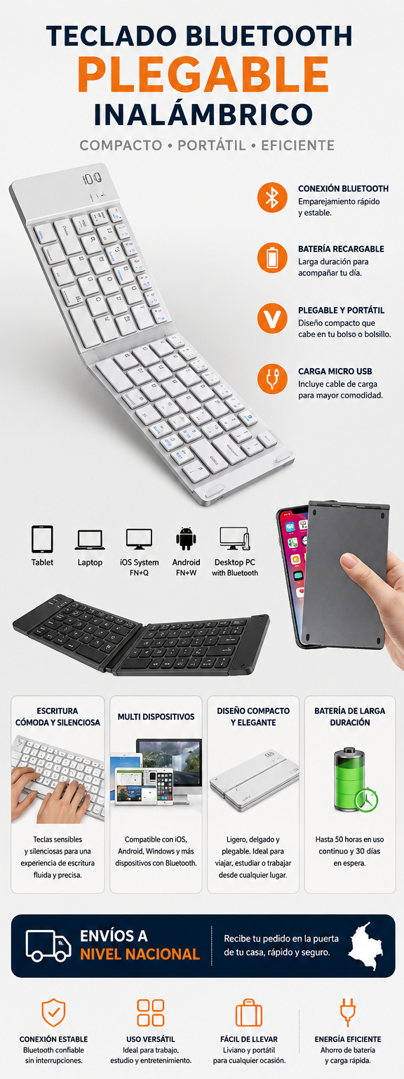 Teclado Bluetooth Plegable Inalámbrico – Portátil, Recargable y Compatible con Múltiples Dispositivos