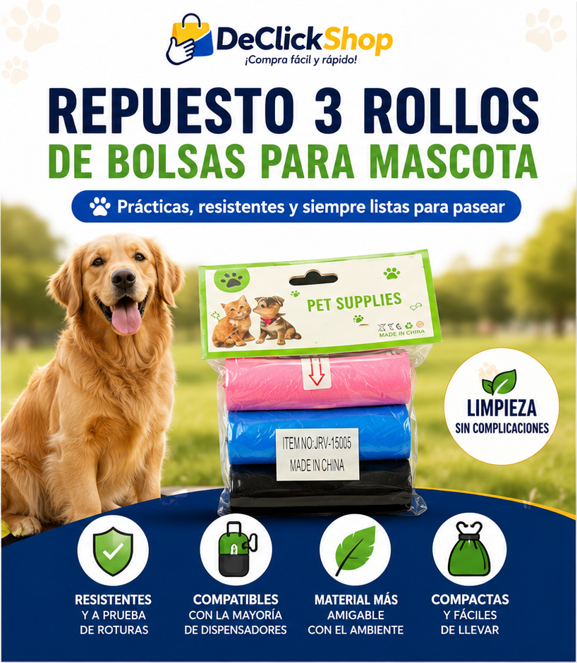 Repuesto x3 Rollos de Bolsas para Mascota | Bolsas Higiénicas para Paseos