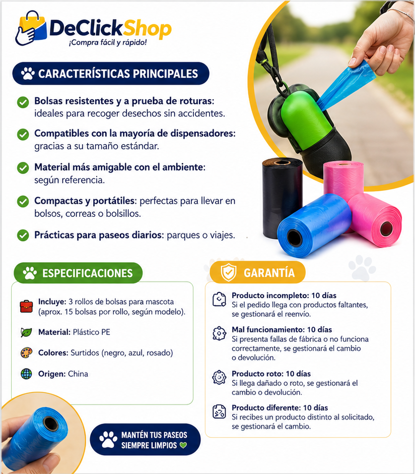 Repuesto x3 Rollos de Bolsas para Mascota | Bolsas Higiénicas para Paseos