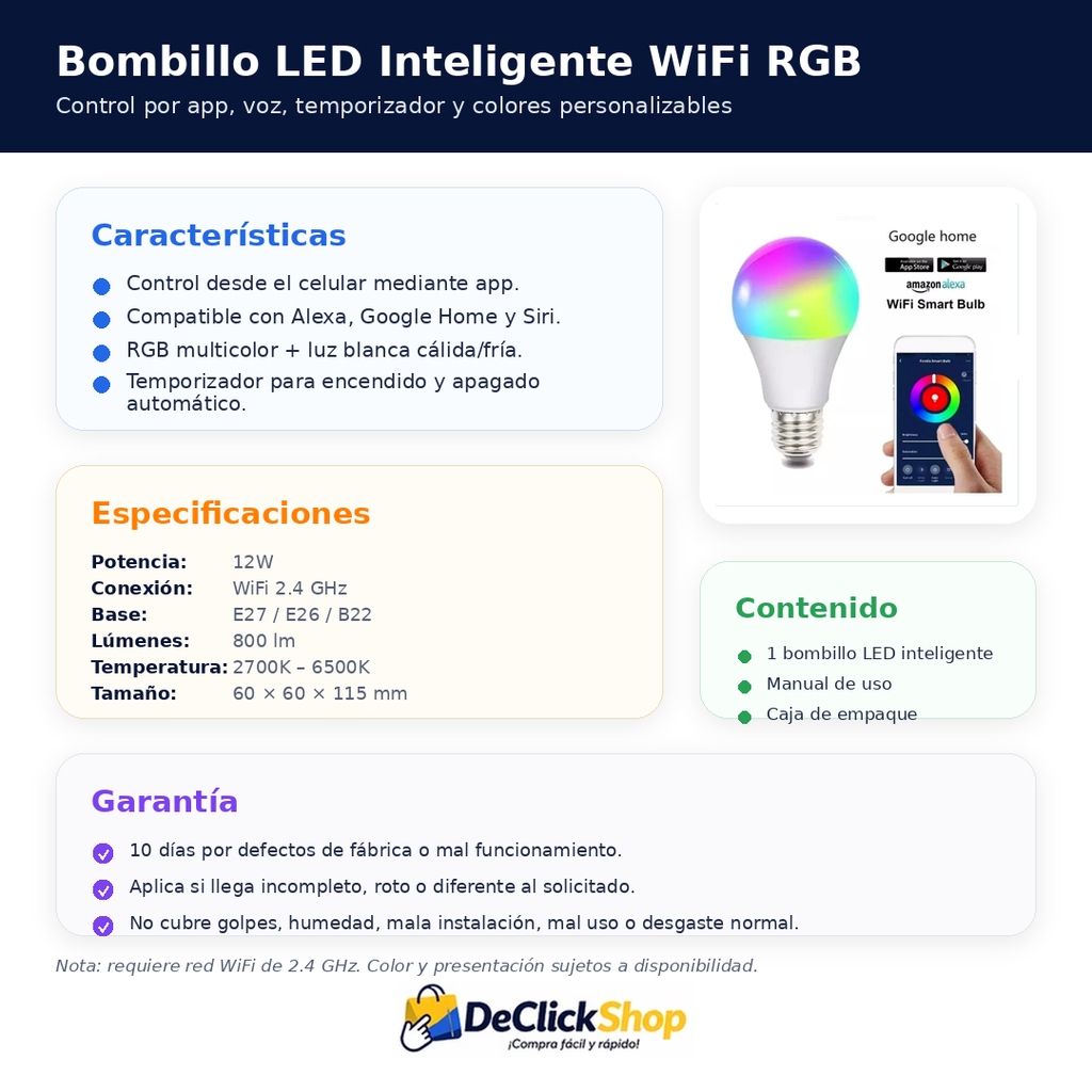 Bombillo LED Inteligente WiFi RGB 12W Compatible con Alexa y Google Home
