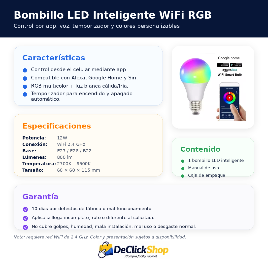 Bombillo LED Inteligente WiFi RGB 12W Compatible con Alexa y Google Home