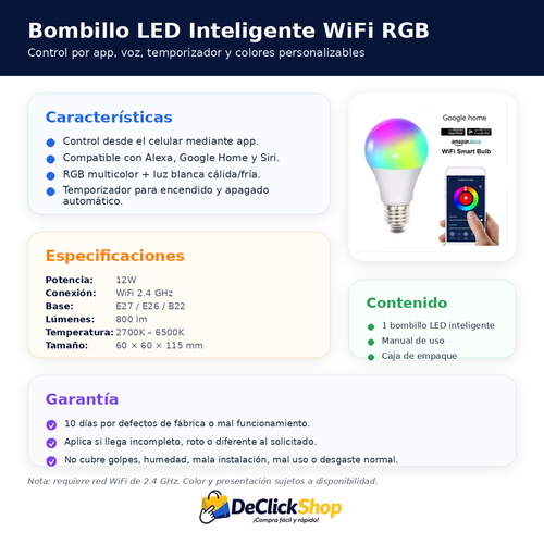 Bombillo LED Inteligente WiFi RGB 12W Compatible con Alexa y Google Home