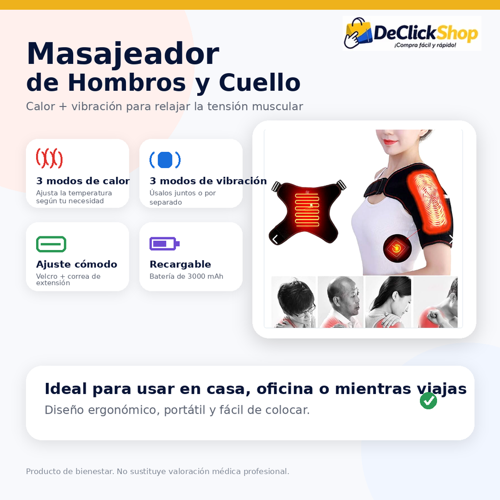 Masajeador Eléctrico de Hombros y Cuello con Calor, Vibración y Batería Recargable