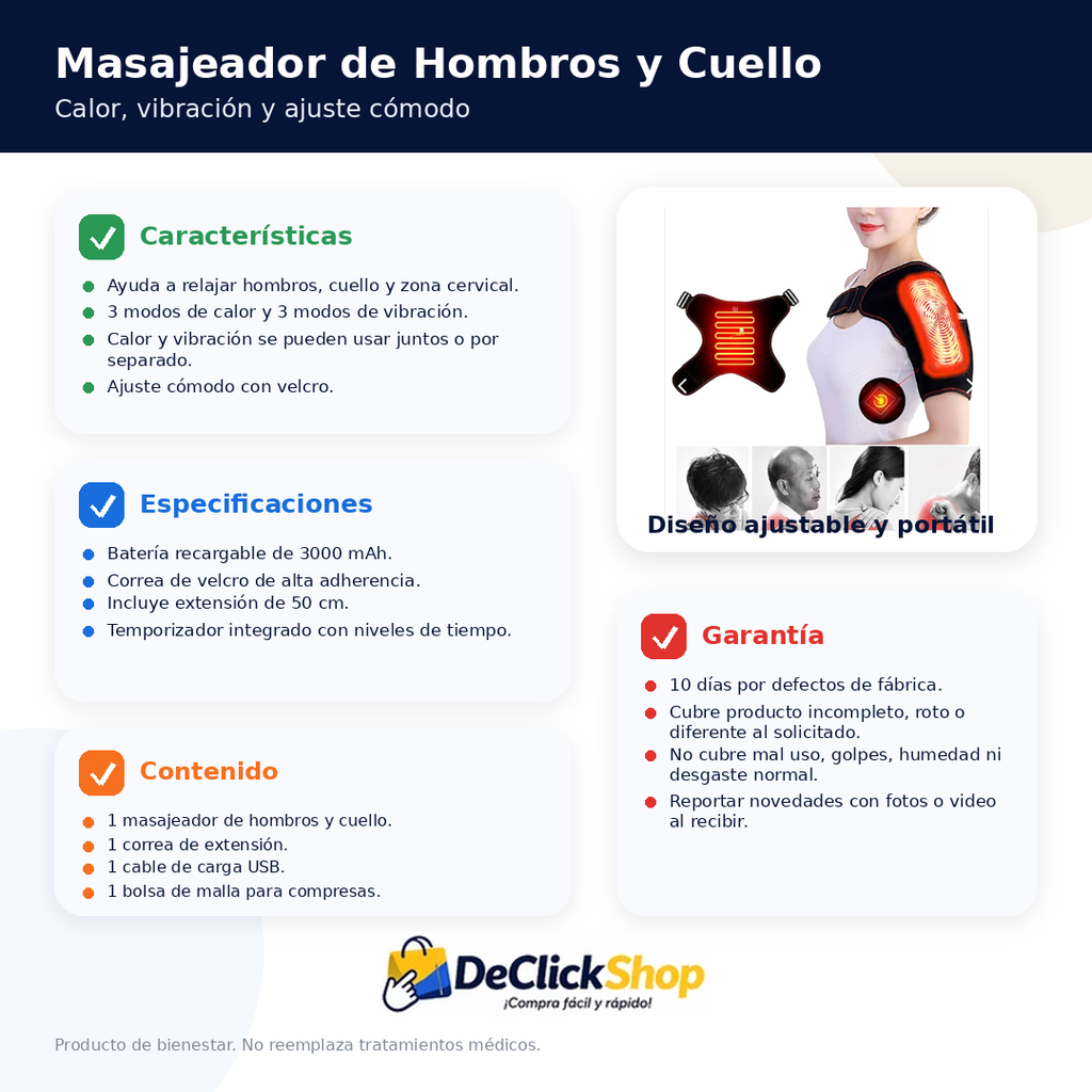 Masajeador Eléctrico de Hombros y Cuello con Calor, Vibración y Batería Recargable
