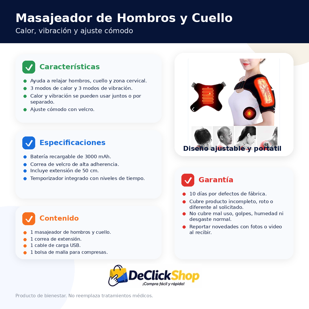 Masajeador Eléctrico de Hombros y Cuello con Calor, Vibración y Batería Recargable