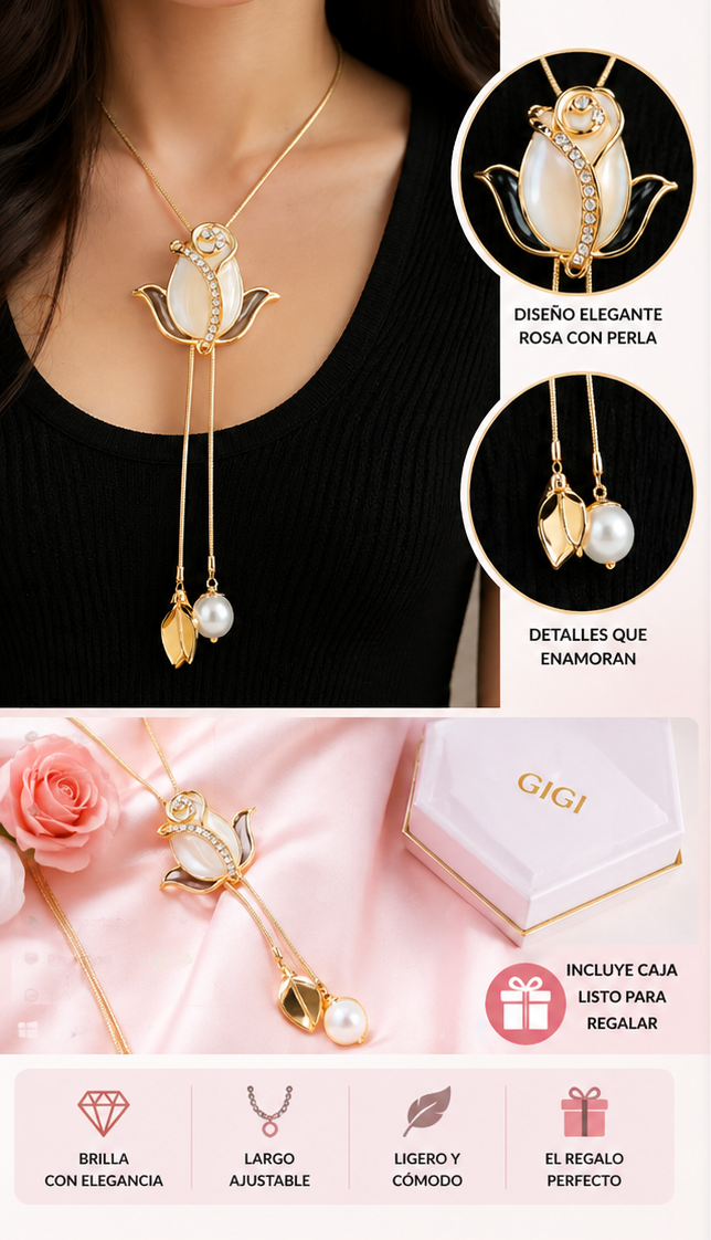 Collar Rosa con Perla Colgante Dorado para Mujer