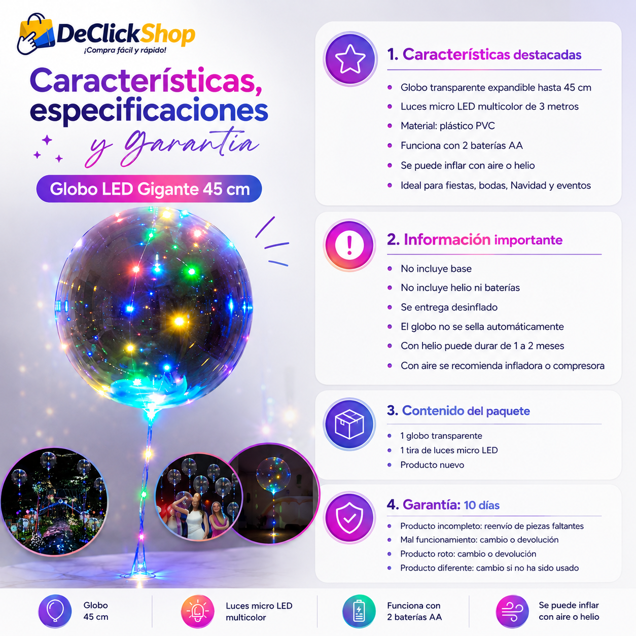 Globo LED Gigante 45 cm con Luces Multicolor para Fiestas y Eventos