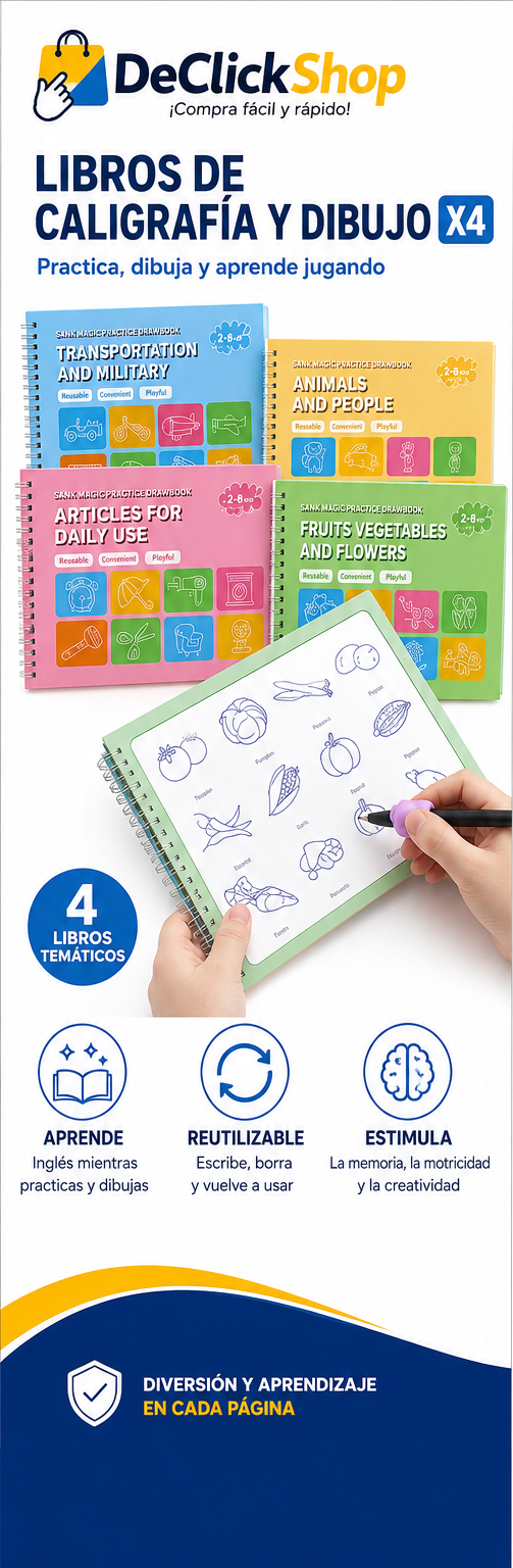 Set de 4 Cuadernos Mágicos Reutilizables de Caligrafía y Dibujo en Inglés