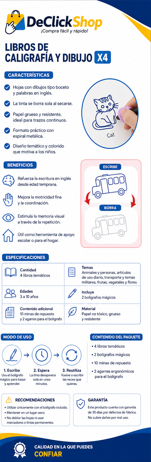 Set de 4 Cuadernos Mágicos Reutilizables de Caligrafía y Dibujo en Inglés