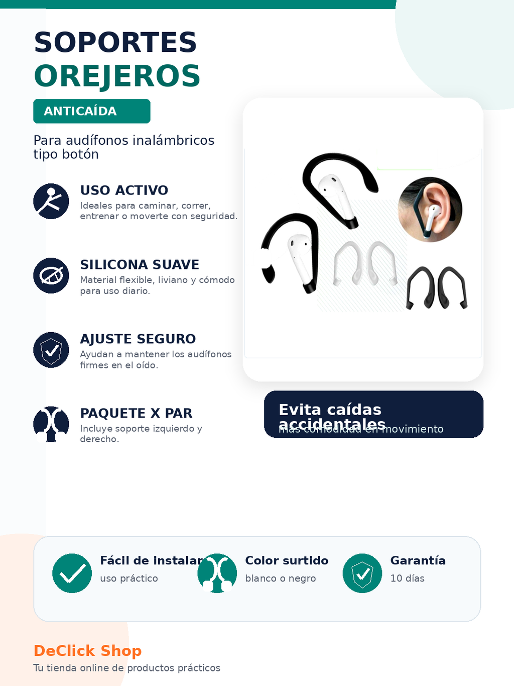 Ganchos Orejeros Anticaída para Audífonos Inalámbricos – Par en Silicona Flexible