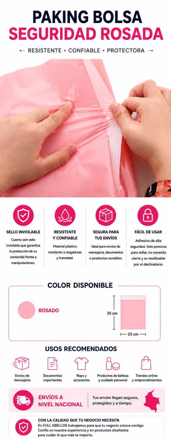 Bolsa de Seguridad Rosada para Envíos Pack x10 unidades – Cierre Autoadhesivo Inviolable