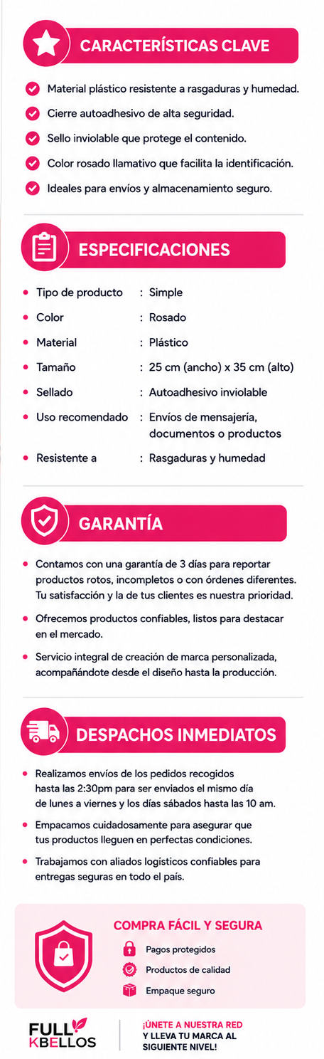 Bolsa de Seguridad Rosada para Envíos Pack x10 unidades – Cierre Autoadhesivo Inviolable