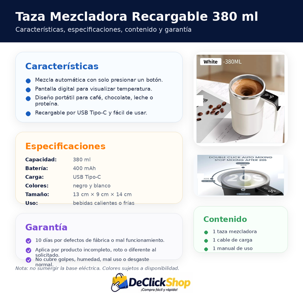 Taza Mezcladora Recargable 380 ml con Pantalla Digital y Carga Tipo-C
