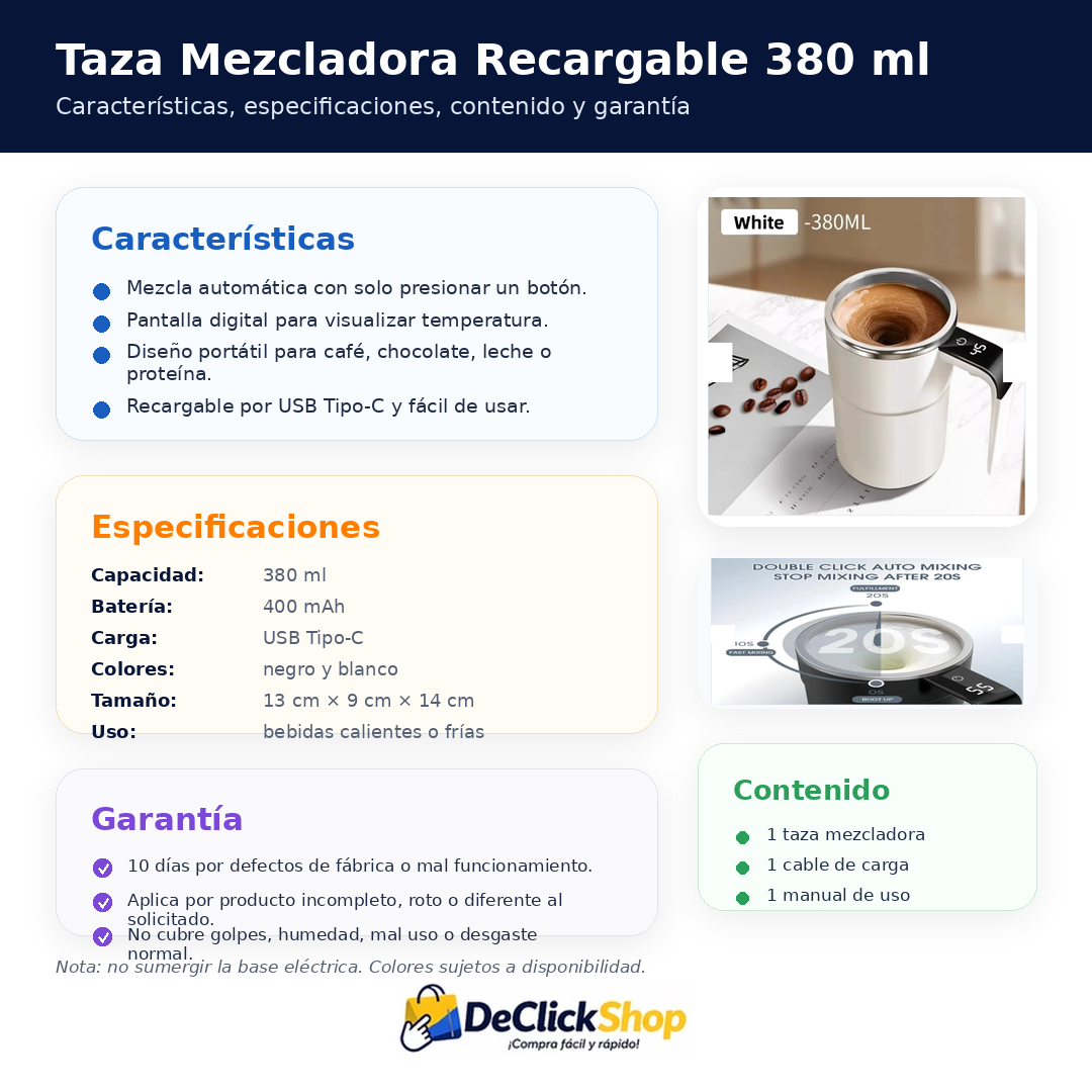 Taza Mezcladora Recargable 380 ml con Pantalla Digital y Carga Tipo-C