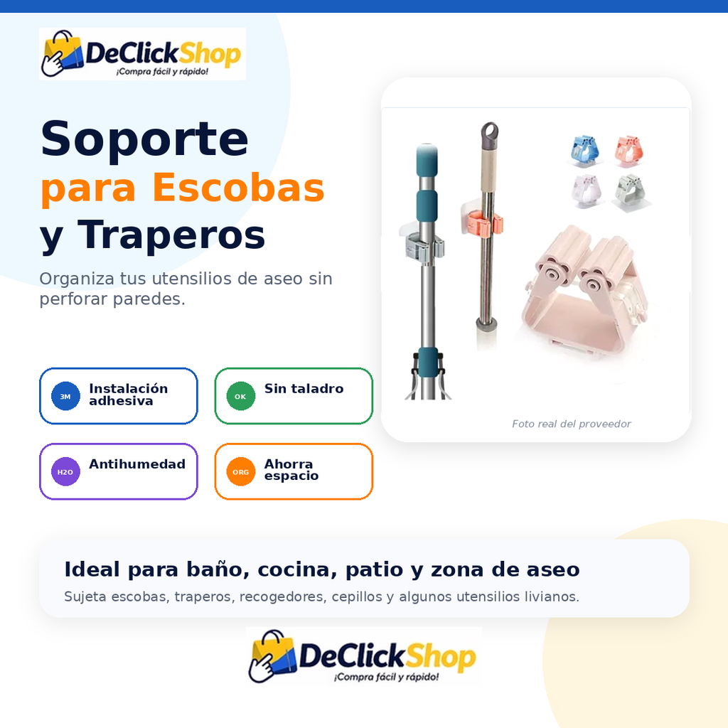 Soporte Adhesivo de Pared para Escobas, Traperos y Utensilios
