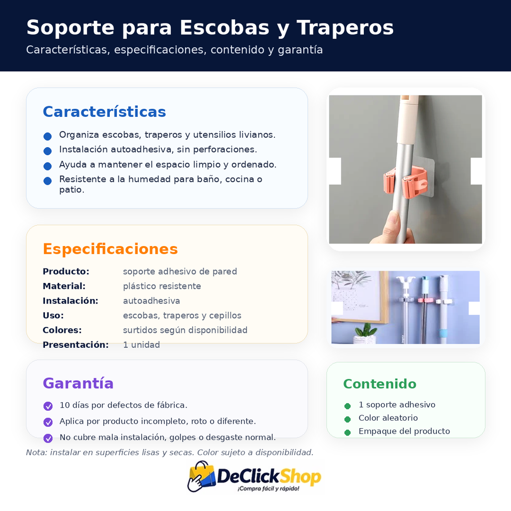 Soporte Adhesivo de Pared para Escobas, Traperos y Utensilios
