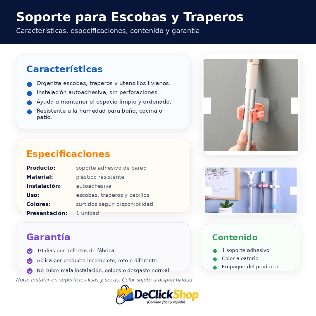 Soporte Adhesivo de Pared para Escobas, Traperos y Utensilios