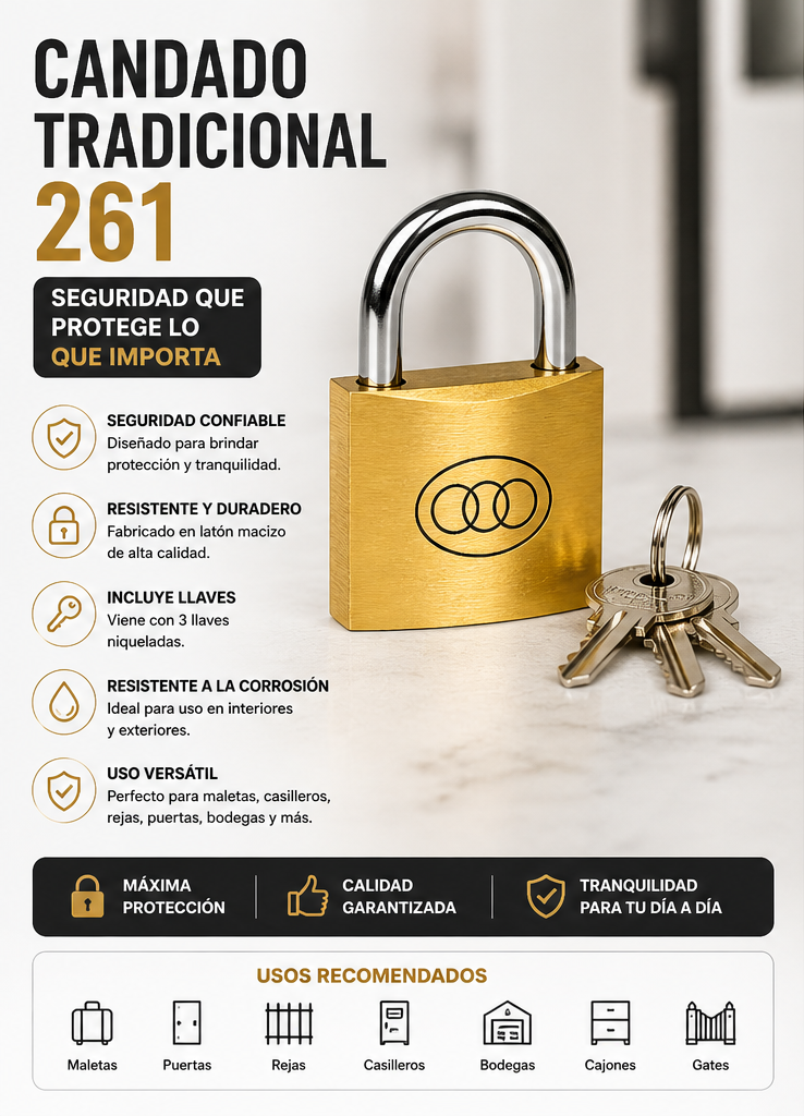 Candado Tradicional 261 de Latón Macizo con 3 Llaves – Seguridad Resistente y Duradera