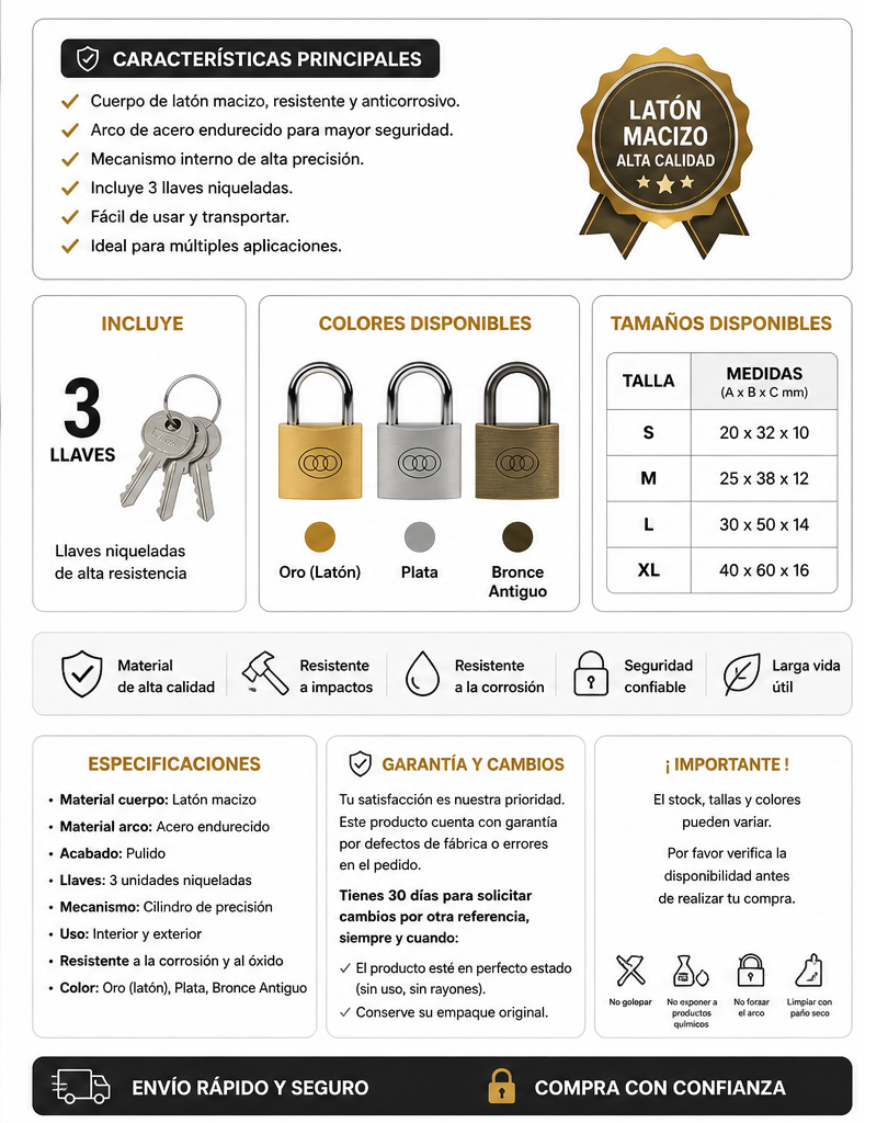 Candado Tradicional 261 de Latón Macizo con 3 Llaves – Seguridad Resistente y Duradera