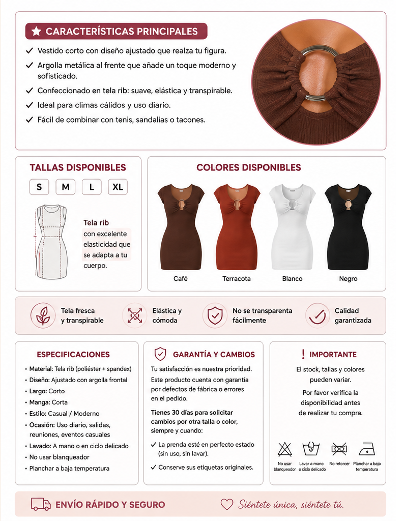 Vestido Corto Ajustado con Argolla Frontal – Tela Rib Elástica