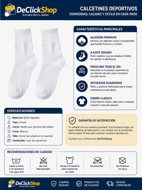 Calcetines Deportivos Blancos Unisex en Algodón – Corte Medio, Cómodos y Transpirables