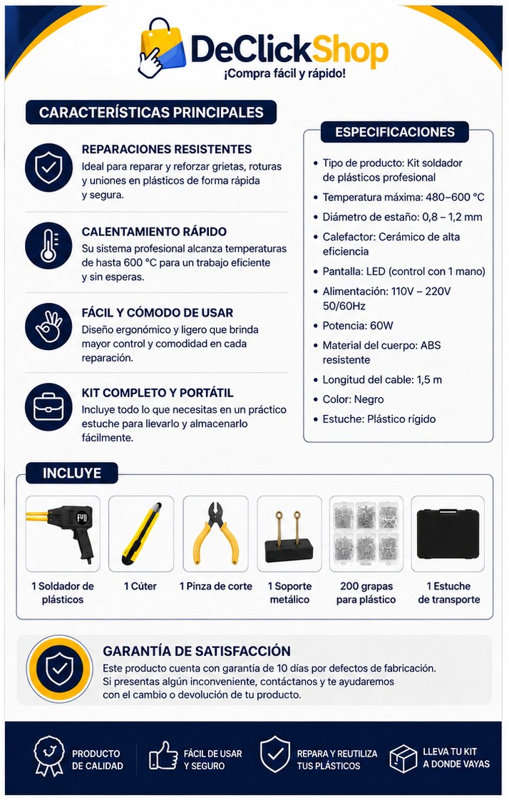 Kit Profesional Soldador de Plásticos 60W con 200 Grapas y Maletín