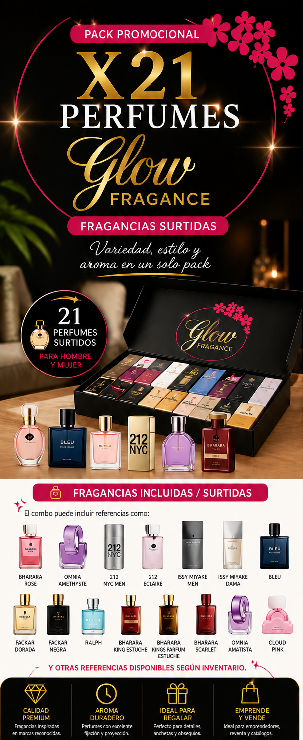 Pack Promocional x21 Perfumes Glow Fragance – Fragancias Surtidas para Hombre y Mujer