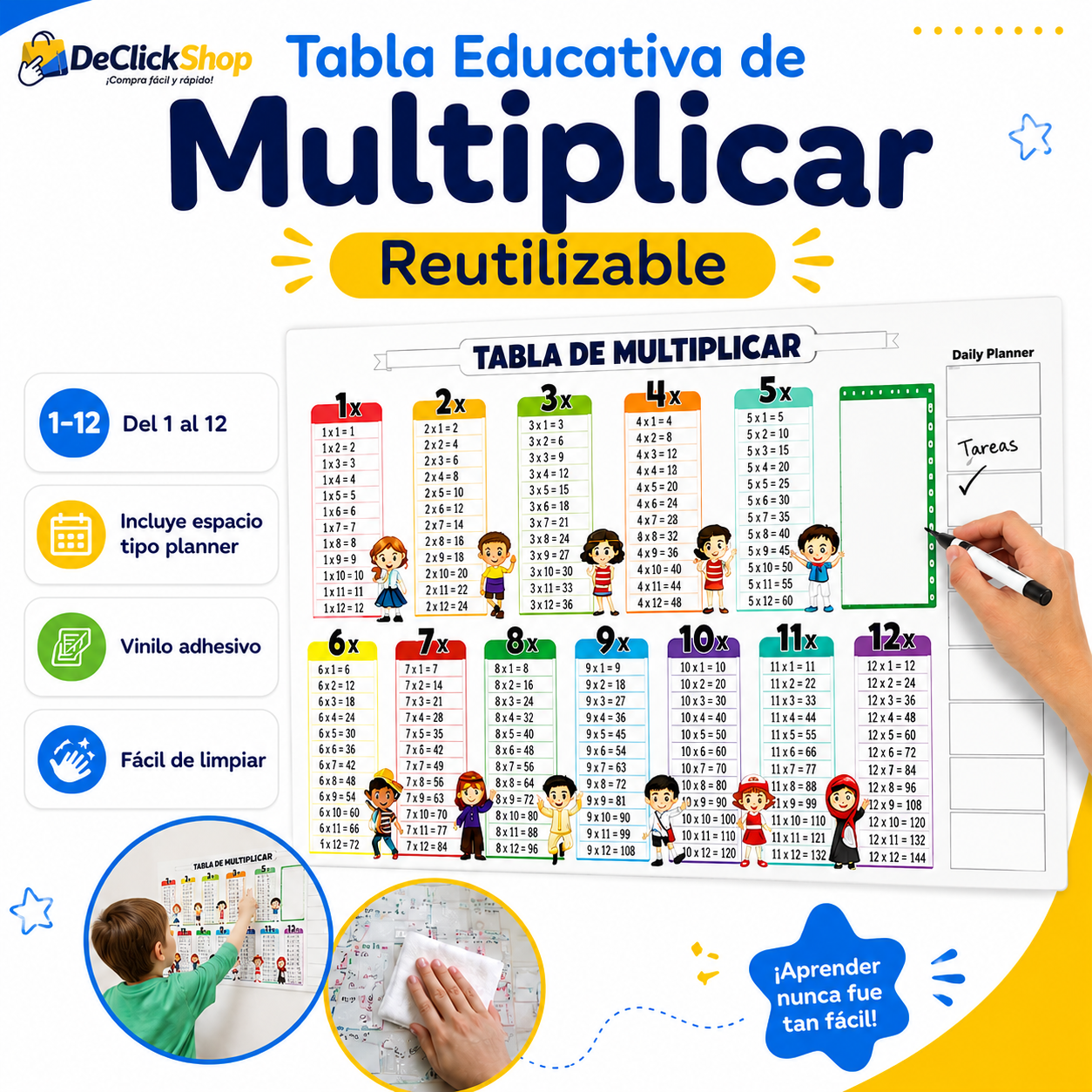 Tabla Educativa de Multiplicar Reutilizable con Marcadores Borrables