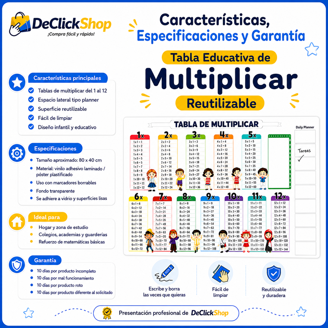 Tabla Educativa de Multiplicar Reutilizable con Marcadores Borrables