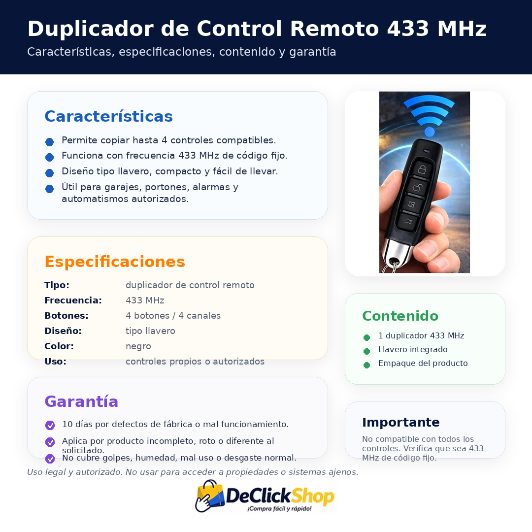 Duplicador Universal de Control Remoto 433 MHz 4 en 1 Tipo Llavero