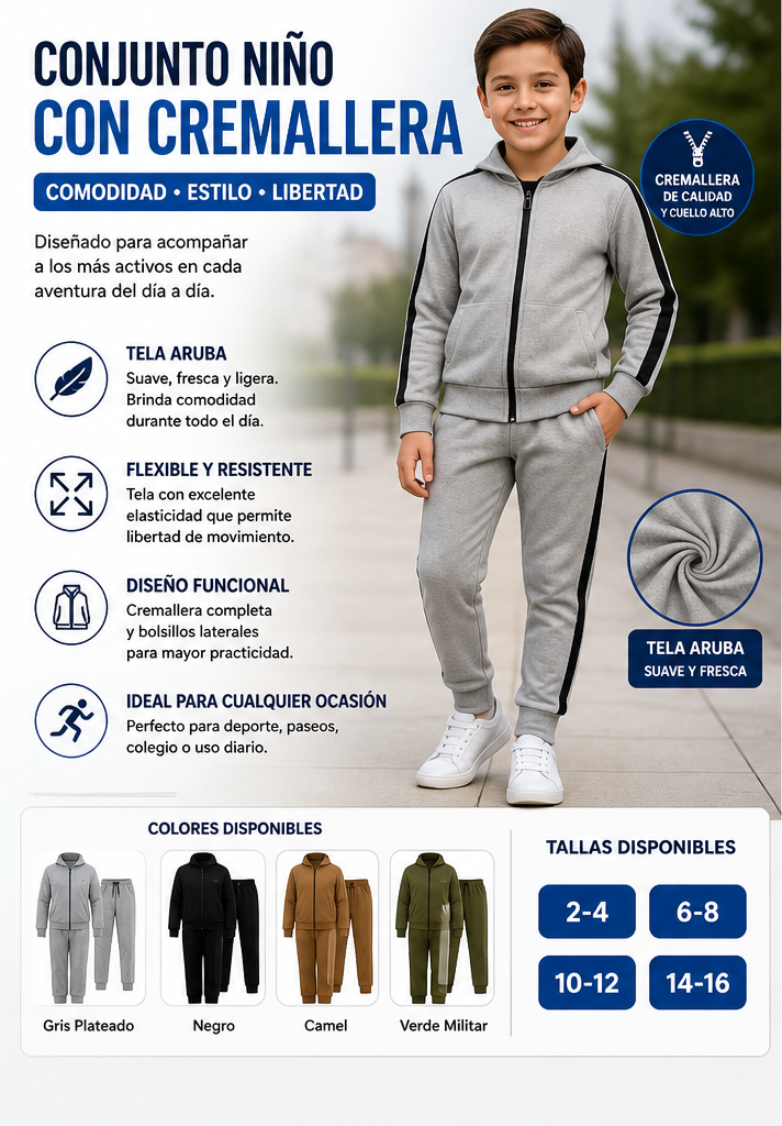 Conjunto Deportivo Infantil con Cremallera – Chaqueta y Pantalón en Tela Aruba