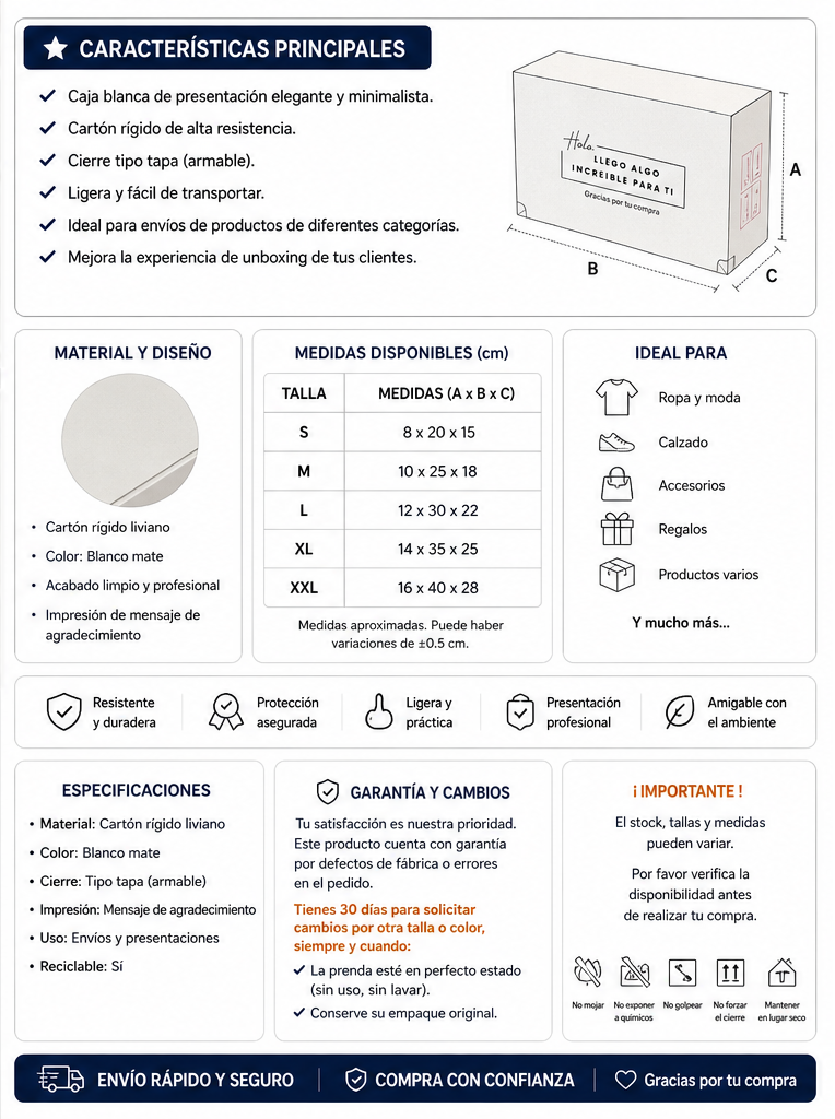Caja Blanca para Envíos y Regalos – Cartón Rígido, Resistente y Elegante