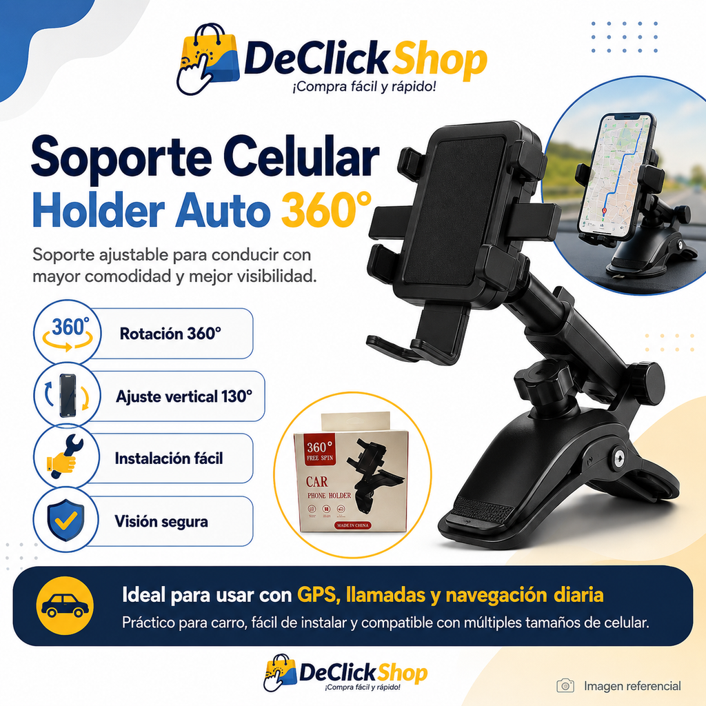 Soporte Celular para Carro 360° Ajustable – Holder para Auto con Base de Sujeción