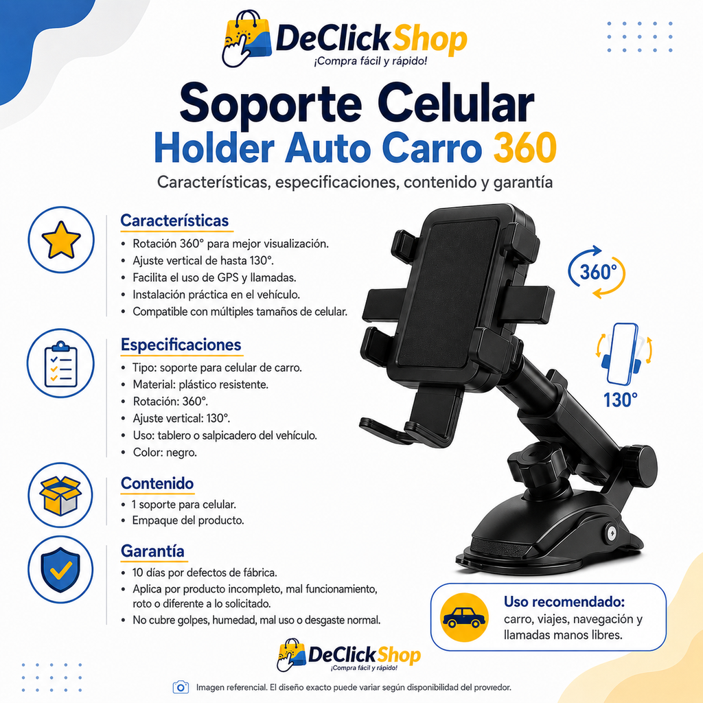 Soporte Celular para Carro 360° Ajustable – Holder para Auto con Base de Sujeción